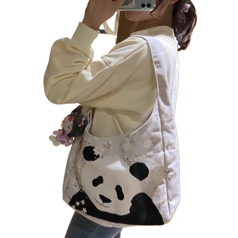 designer New Style Chinese Style Casual Floral Canvas Bag Cute Panda Tote Bag for Female Students Large Capacity Shoulder Bag for Class