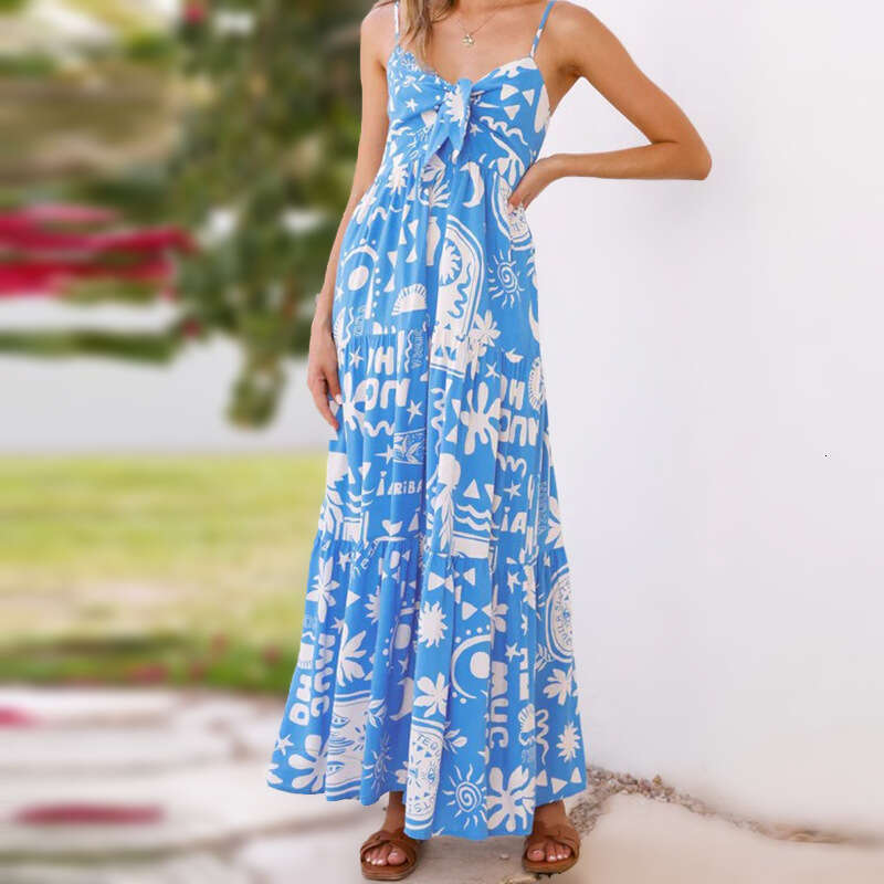 2025 Summer Spaghetti Strap Women's Split Print Sexy Dress Hot Selling Fashion Vacation Style designer bag