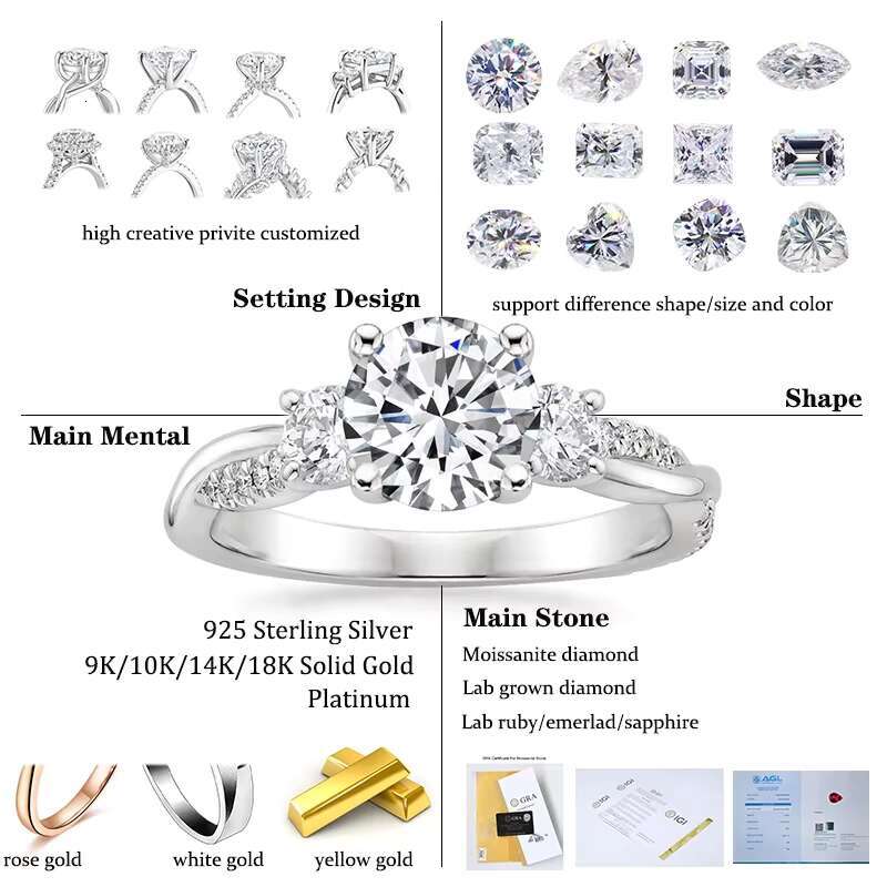 14K 18K Solid Gold Jewelry 925 Sterling Silver Moissanite Ring in Stock Fantastic Colorless Moissanite Wedding Engagement Ring