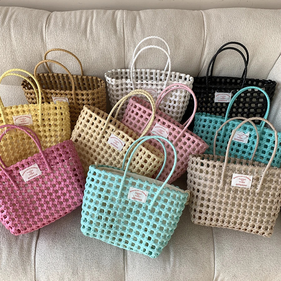 Summer Ins Woven Beach Bag Label Woven Storage Vegetable Basket Korean Vacation Travel Picnic Candy Color Women Beach Handbag 250530