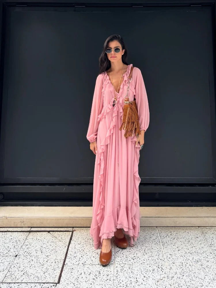 Elegant Solid Multiple Flounces Lace Up Dresses Chic Loose V Neck Full Sleeve Robes Lady Summer Commute Vacation Gown 250529