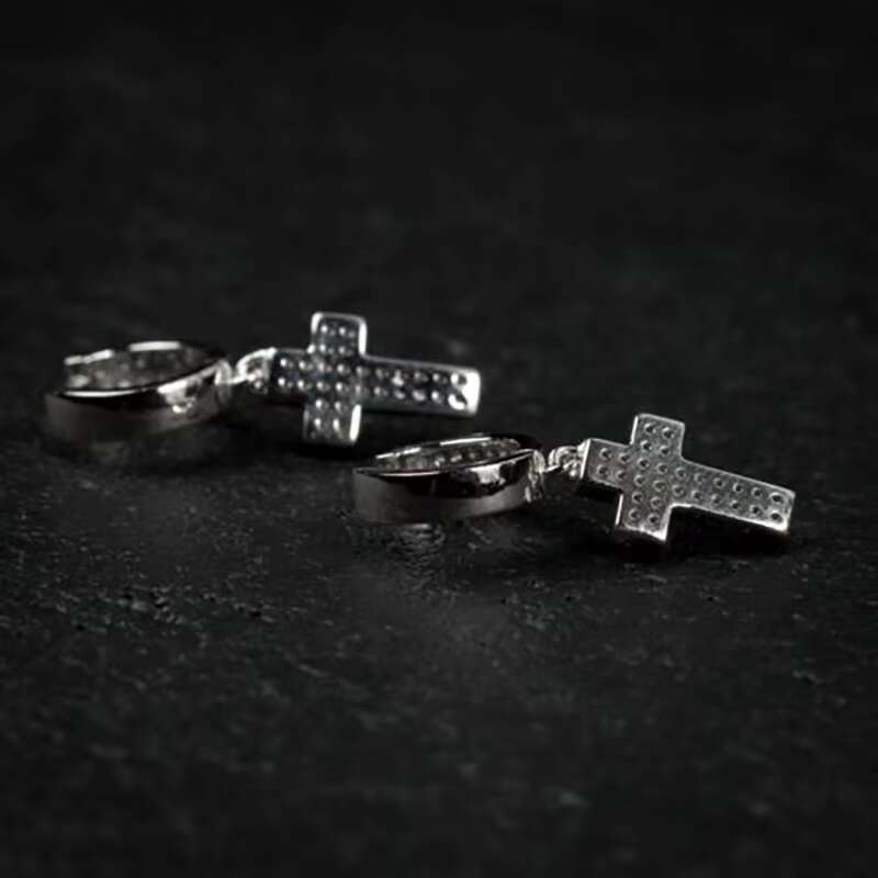 High Quality Hoop Cross Stud VVC MOISSANITE Earrings Male 925 Sterling Silver Earring Jewelry Luxury Punk Cross Earrings