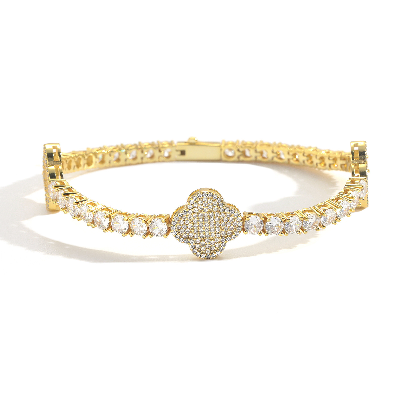 Meisa Hip-Hop Bracelet One Row of Diamonds Four-Leaf Clover Tennis Chain Trendy Unisex Moissanite Versatile Fashion Bracelet moissanite