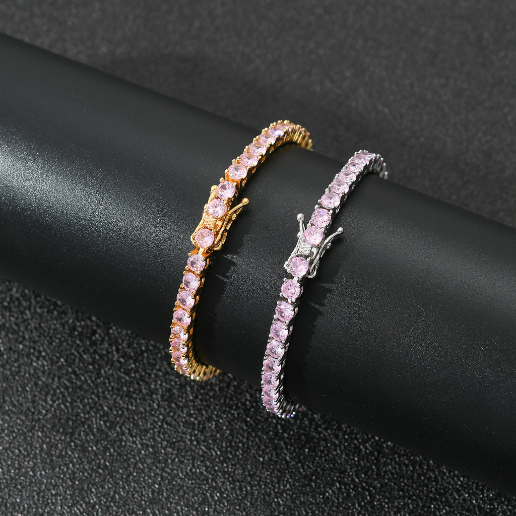 Hip hop Necklace 4mm copper inlaid pink Moissanite one row bracelet fashion brand men and women lovers hip hop jewelry moissanite