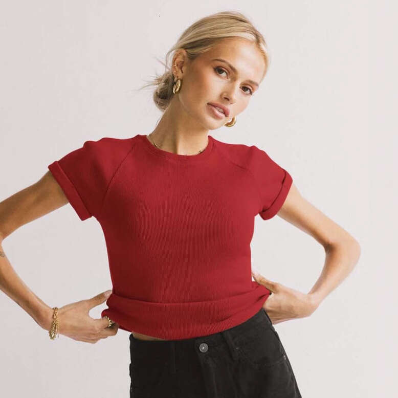 New Round Neck Versatile Short Spring Summer Knit T-Shirt Y2K Raglan Sleeve Top