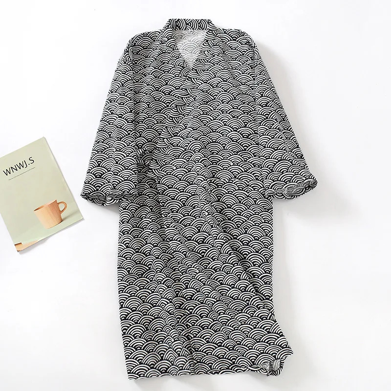 Cotton Gauze Bathrobe Men Plus Size Kimono Nightgown Spring Summer Thin Yukata Cardigan Plaid Long Sleeve Sleepwear Homewear 250526