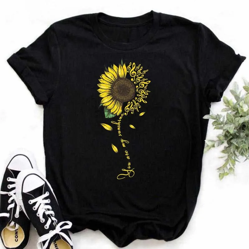 Desginer Women's T-shirt Casual Kawaii Sunflower Butterfly Pattern Print Tshirt Comfortable Casual Women's Clothing Black Top