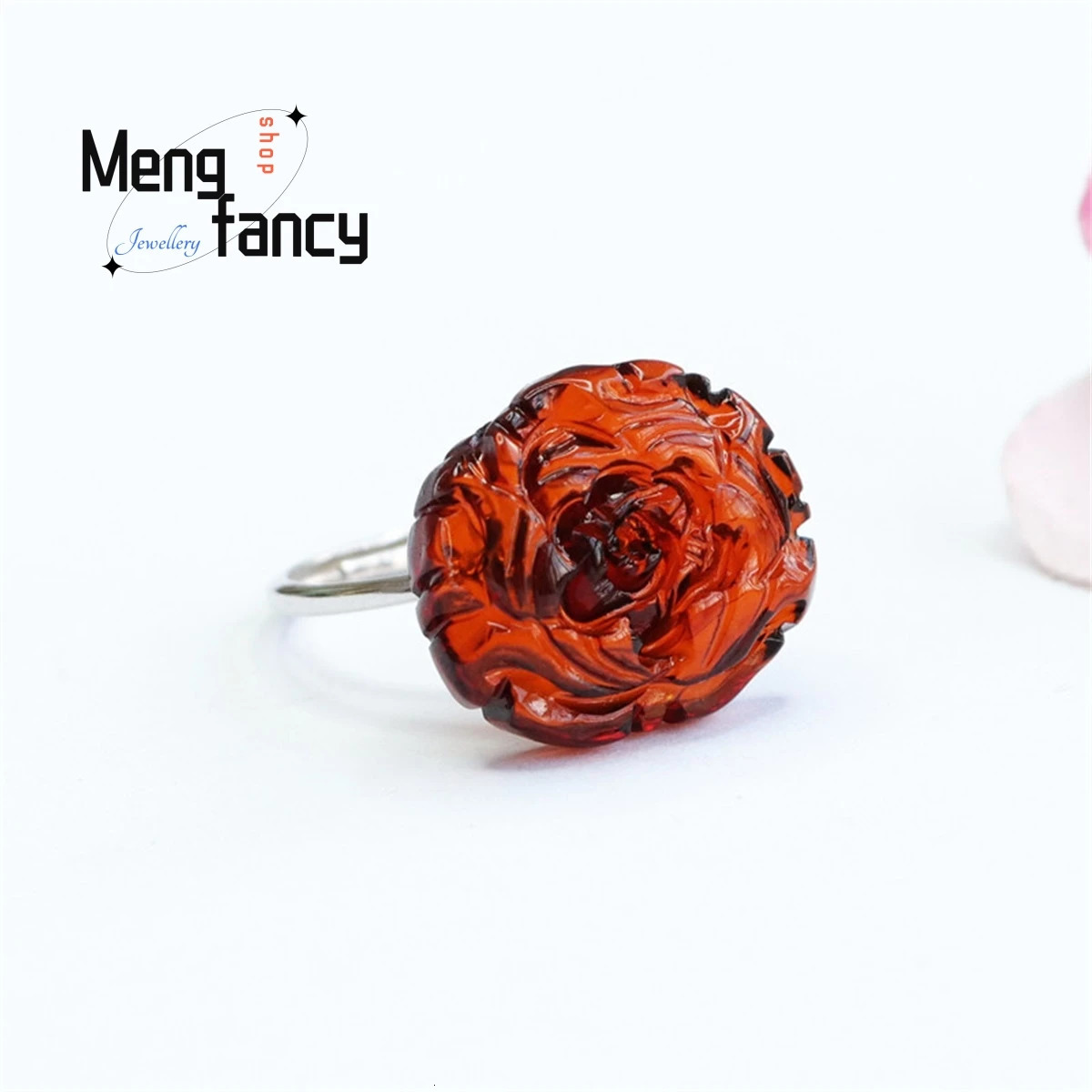 Natural S925 Inlaid Blood Pur Water Purification Amber Peony Ring Simple Generous Fashion Retro Women Fine Jewelry Gift 250526