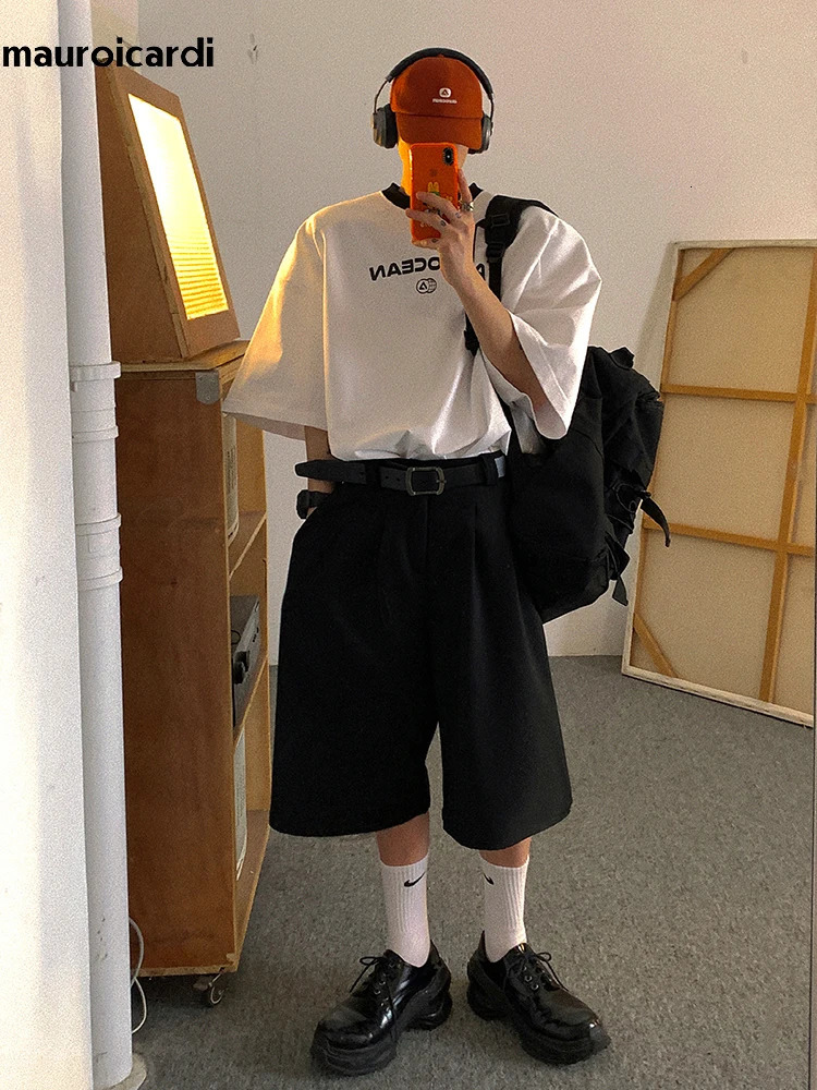 Mauroicardi Spring Summer Loose Casual Soft Black Pleated Shorts for Men with High Waist Short Straight Pants Clothes 250529