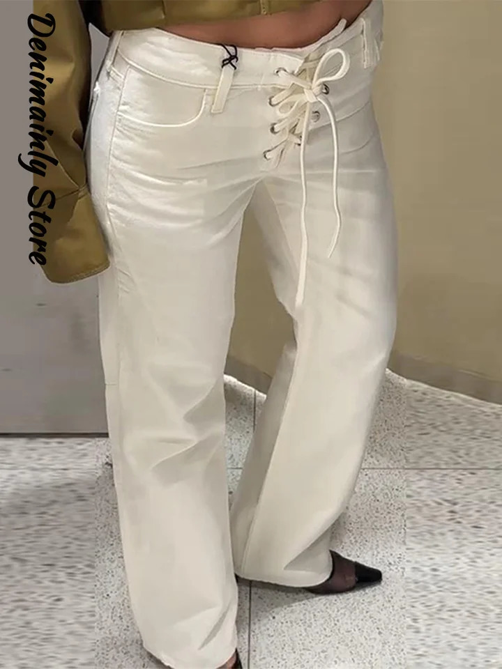 Bandage Low Waist Woman White Jeans Fashion Wash Denim High Street Straight Pants Summer 2025 Casual Loose Female Trousers 250529