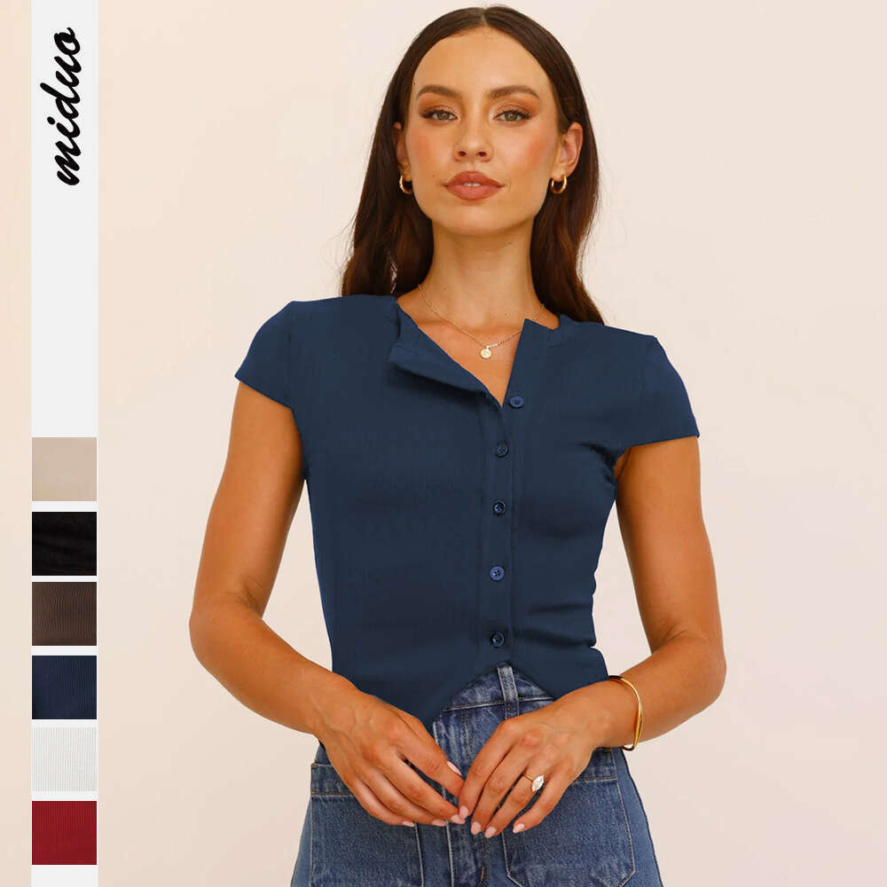 2025 New Y2K Women's Fashion Split Ribbed Solid Color Short Sleeve Button Top V-neck Irregular T-shirt