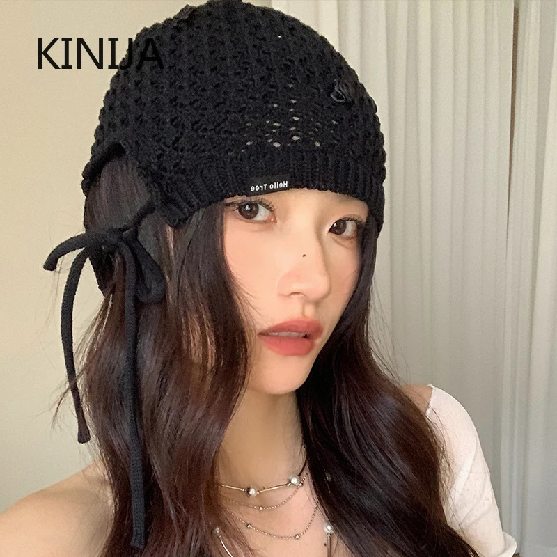 Korean Hand-crocheted Rose Knitted Hat Spring and Summer Simple Hollow Lace-up Temperament Beanie Cap 250530