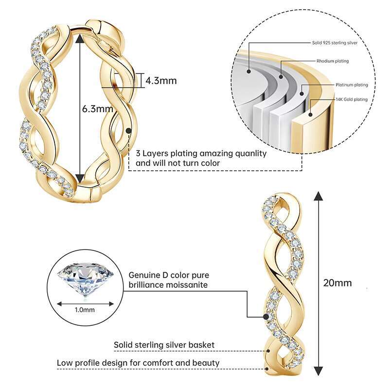 Fashion Jewelry Earrings Moissanite 925 Sterling Silver Twisted 1mm VVS Moissanite Hoop Earrings With Gra Certificate