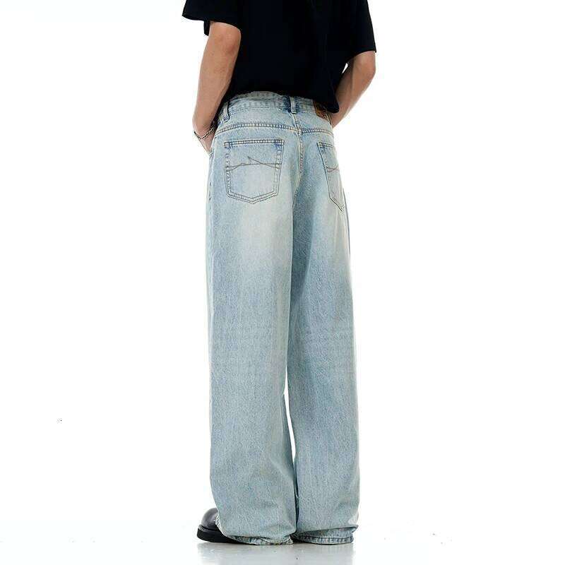 IEFB Wahsed Jeans Floor Length Menwear New Trendy American Light Blue Male Denim Pants Straight Leg Baggy Summer 9W3001