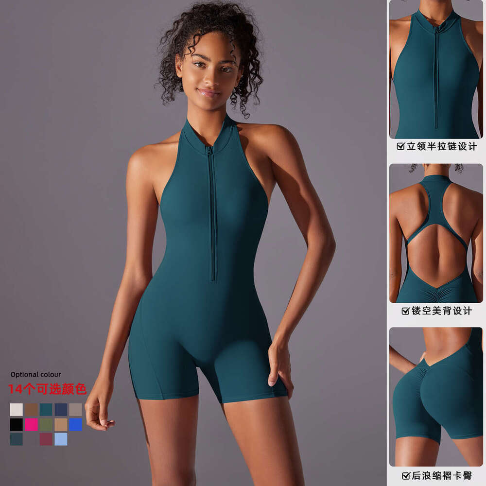 High intensity exercise back yoga suit, quick drying pleated hip lifting tight fitting zipper nude fiess jumpsuit, 2025 new casual versatile fashion c
