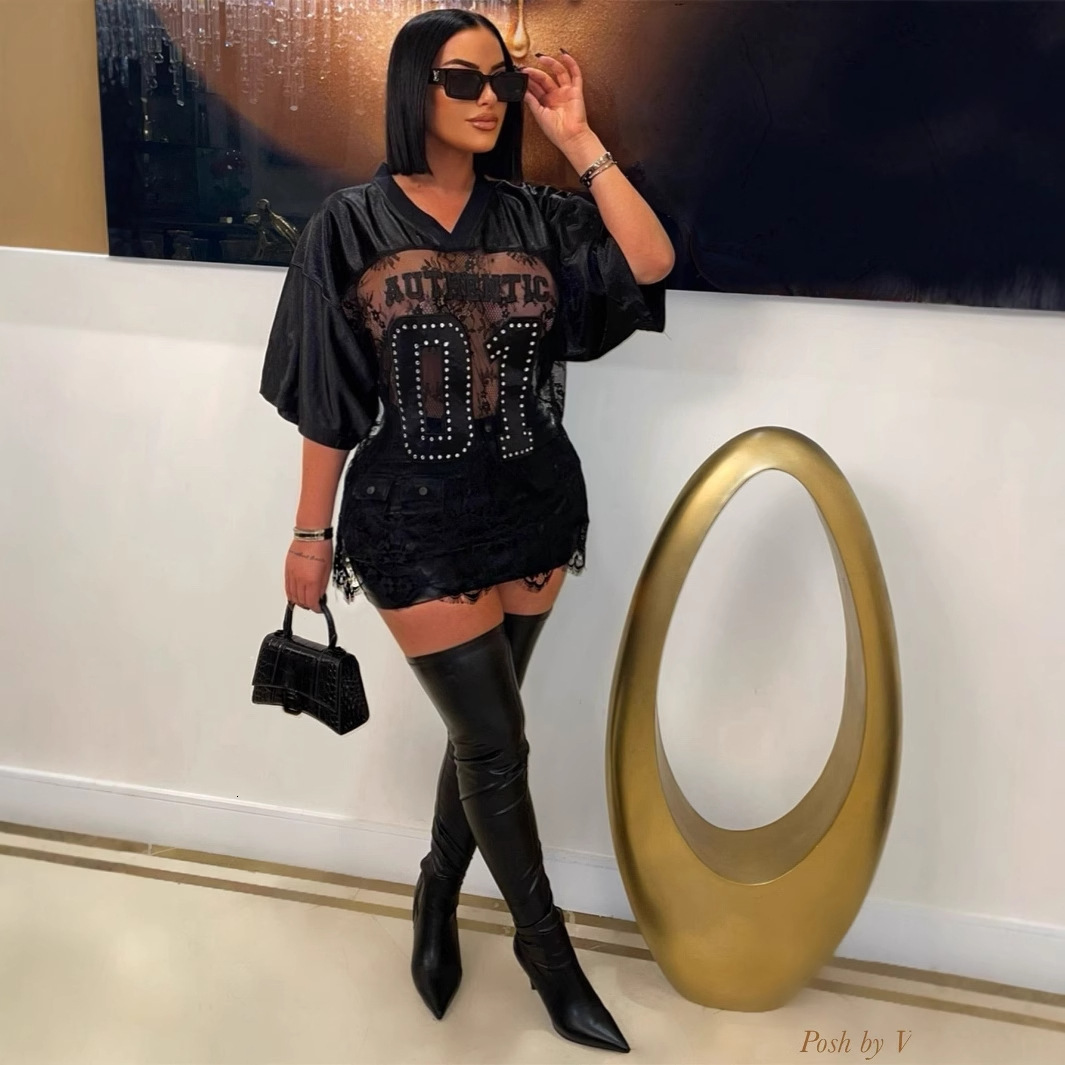Designer T Shirt New Cross Border European And American Printed Loose Casual Street See Through Sexy Lace Patchwork T Shirt Short Sleeve Top Essential