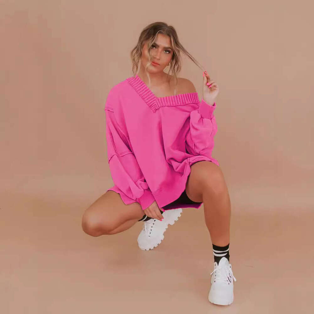 Fashion Early Autumn Women's Clothing Lantern Loose V-neck Irregular Hem Design Long Sleeve Sweatshirt for Women