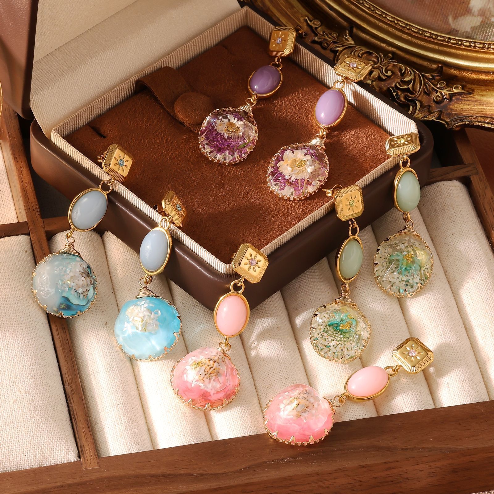 Resin Real Dried Flower for Women Butterfly Pentagram Handmade Earrings