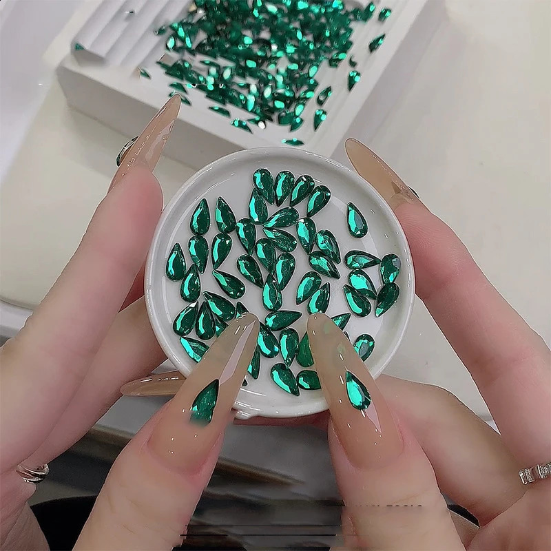 50pcs Green Nail Charms Crystal Diamond Flatback Waterdrop Shaped Rhinestones For 3D Nails Art Decorations Supplies 250528