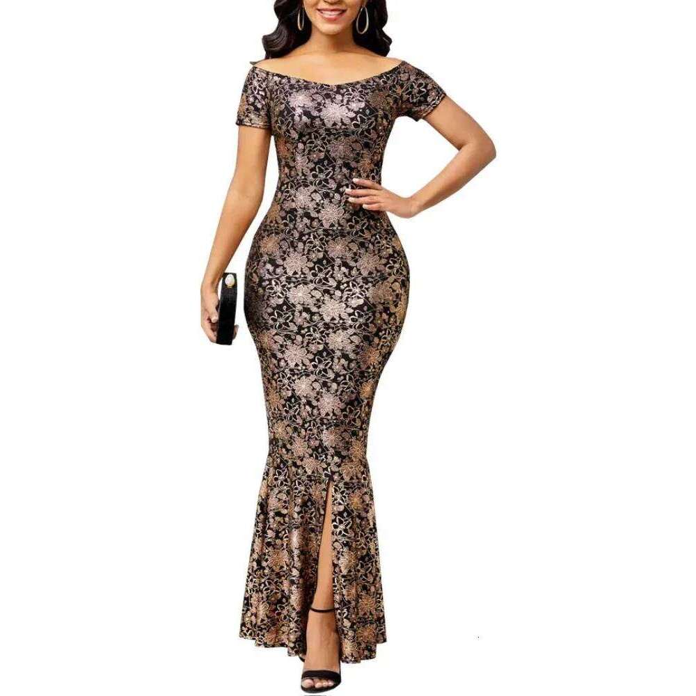 Women Elegant Flower Party Dress Off the Shoulder Short Sleeve Slit Maxi Long Dresses for Woman