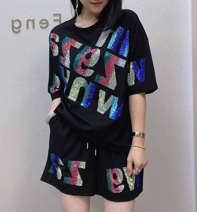 Oversized summer short-sleeved T-shirt and shorts casual set, Rhinestone wide-leg pants two-piece women's set
