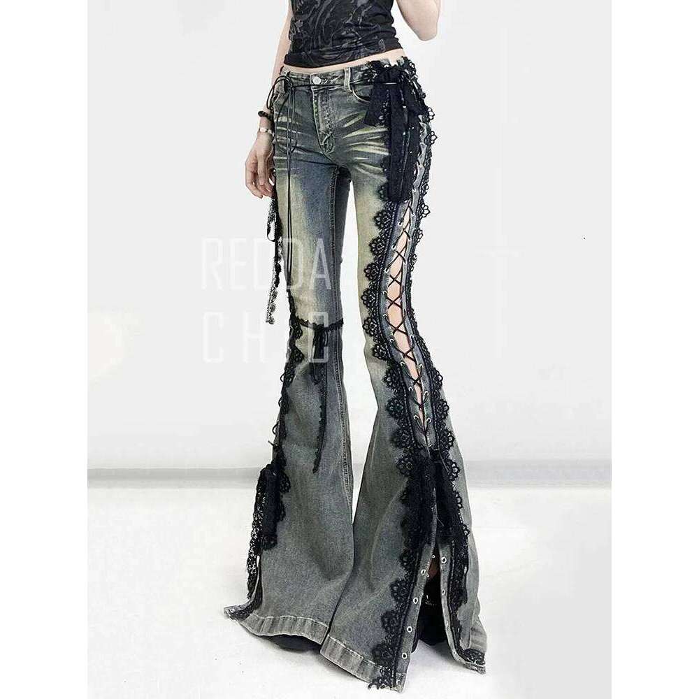 Reddachic Eyelets Up Flare Jeans Retro Lace Whiskers Slim Low Rise Split Bootcut Pants Women Bell Bottoms Streetwear