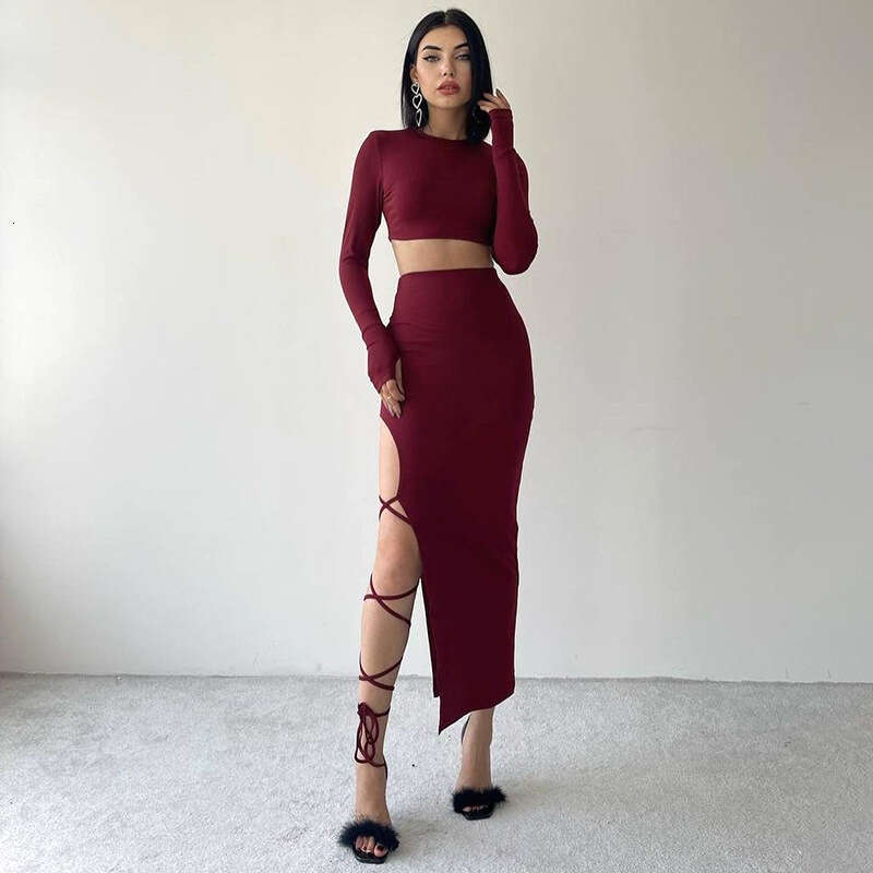 D23ST272 European and American women's autumn color long sleeved round neck top slim fit strap half skirt set 2025 new casual fashion trend cloth