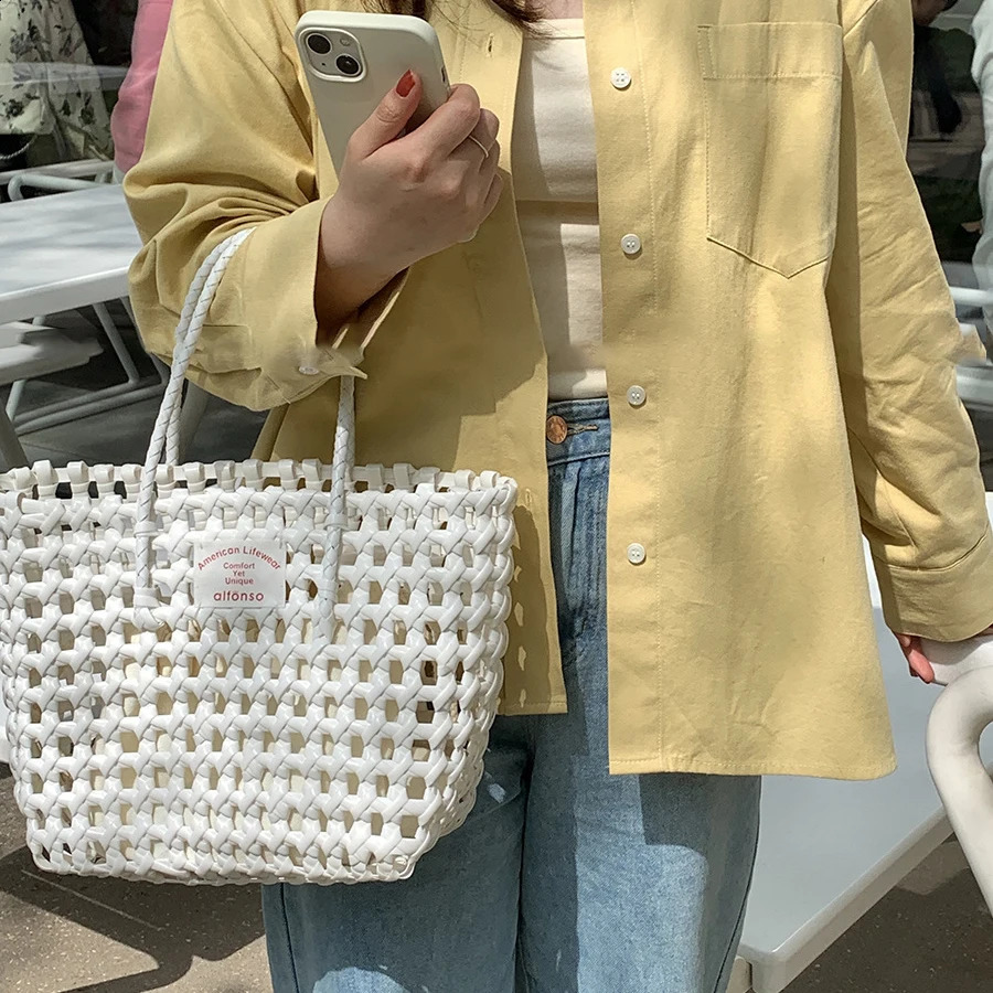 Summer Ins Woven Beach Bag Label Woven Storage Vegetable Basket Korean Vacation Travel Picnic Candy Color Women Beach Handbag 250530