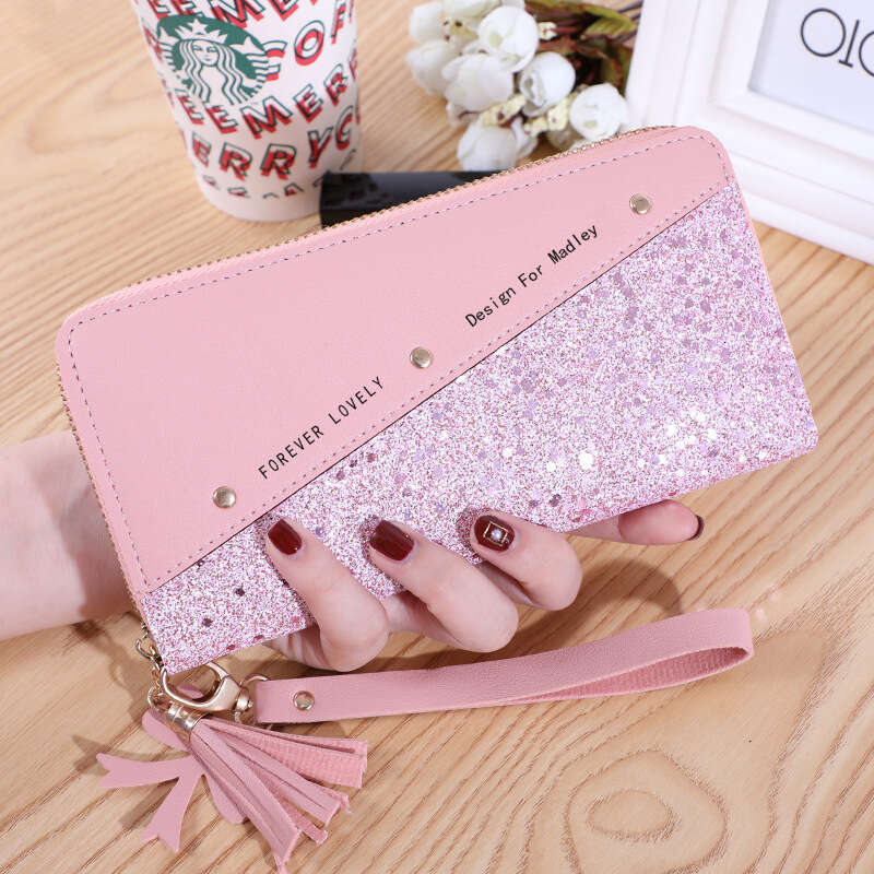 New Style Wallet Long Women's Zipper Purse Korean Version Patchwork Color Block Tassel Versatile Card Holder