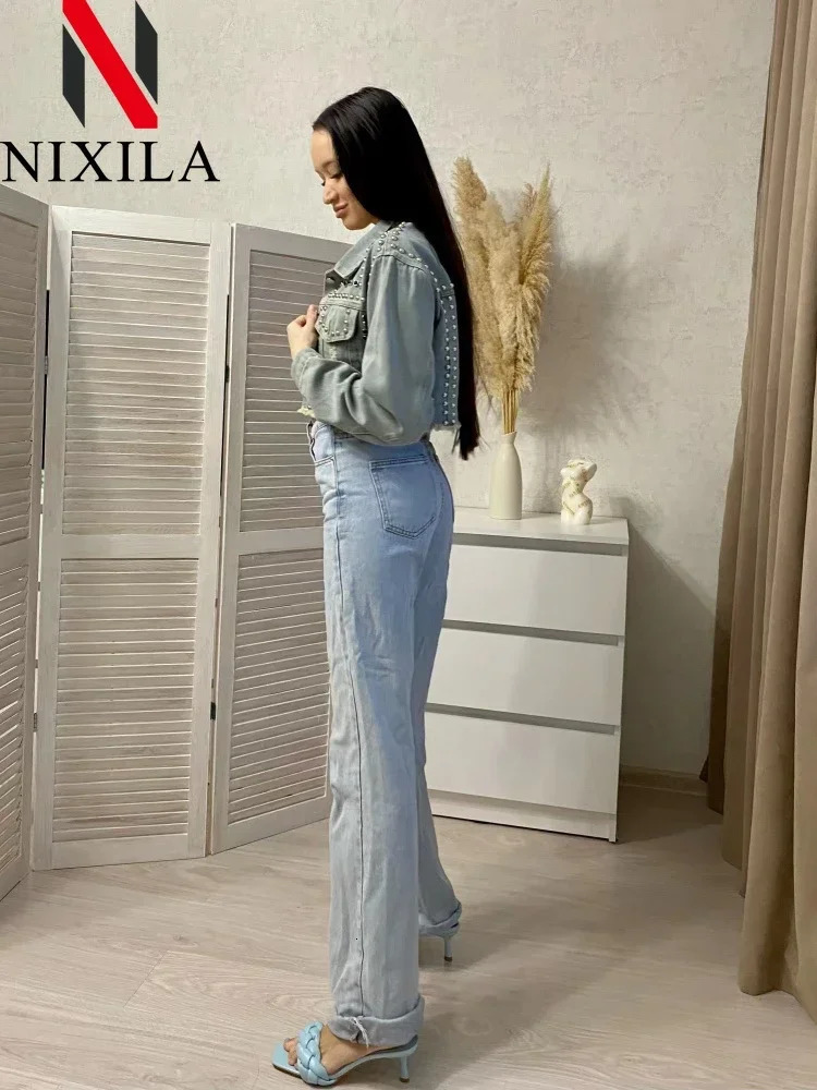 Spring Summer Womens Denim Jacket Heavy Rivet Studded Jean Coat Long Sleeved Top with Worn Nail Bead Detail 250529