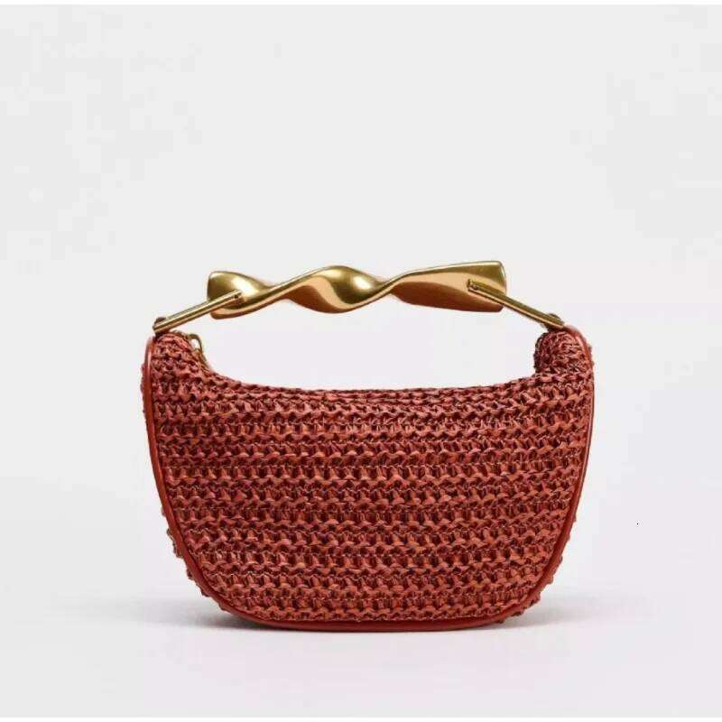 Summer Rattan Woven Crossbody Shoulder Bag,Half-Moon Beach Tote Bag,Women Designer Purse,Casual Metal Handle Straw Handbag