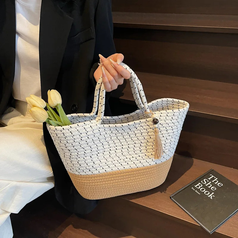 Quality Summer Beach Tote Bags For Women Cotton Rope Woven Contrast Color Large Capacity Shopper Shoulder Totes With Tassels 250530