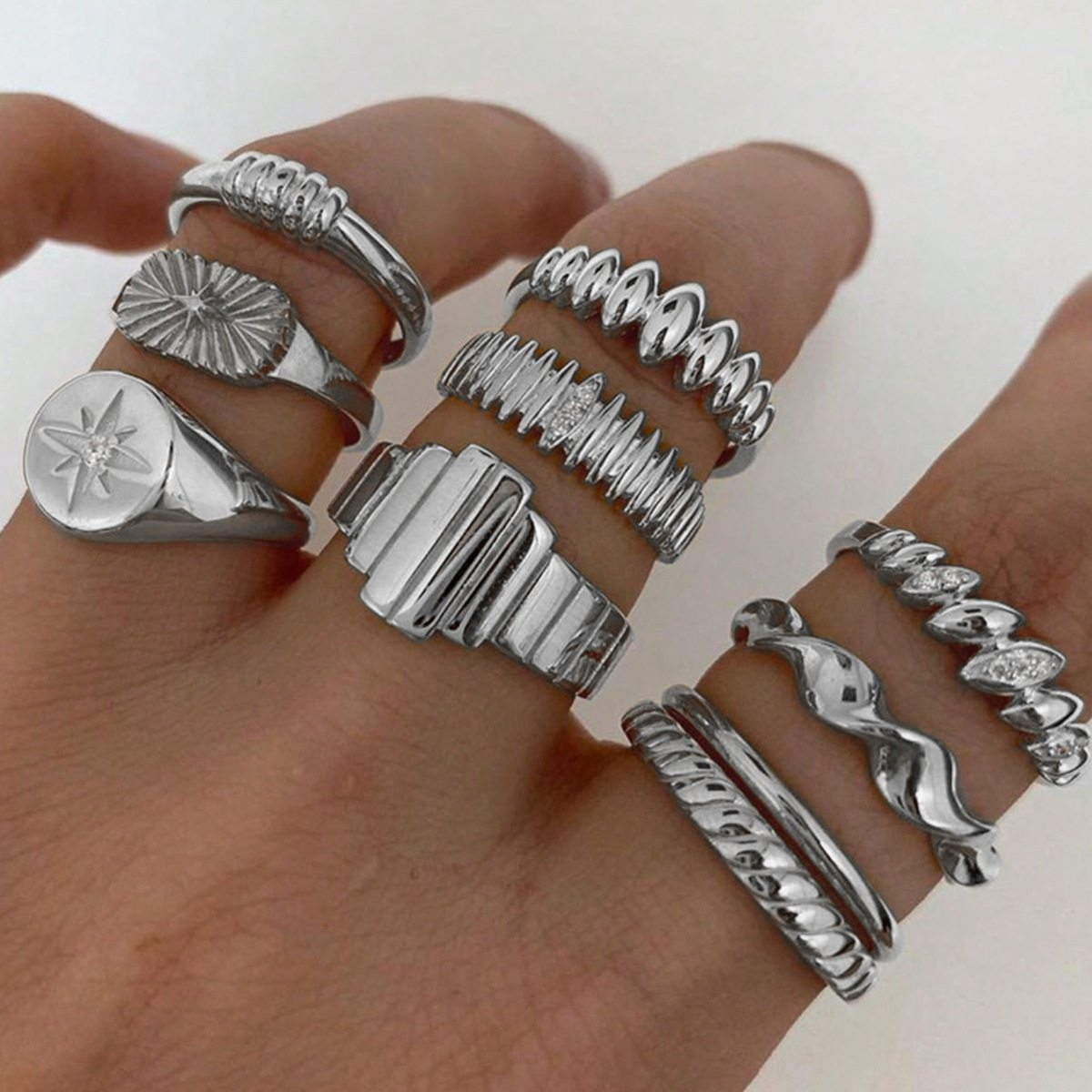 New European and American Style ten piece Set of Octagram shaped Diamond inlaid Knuckle Rings for Women