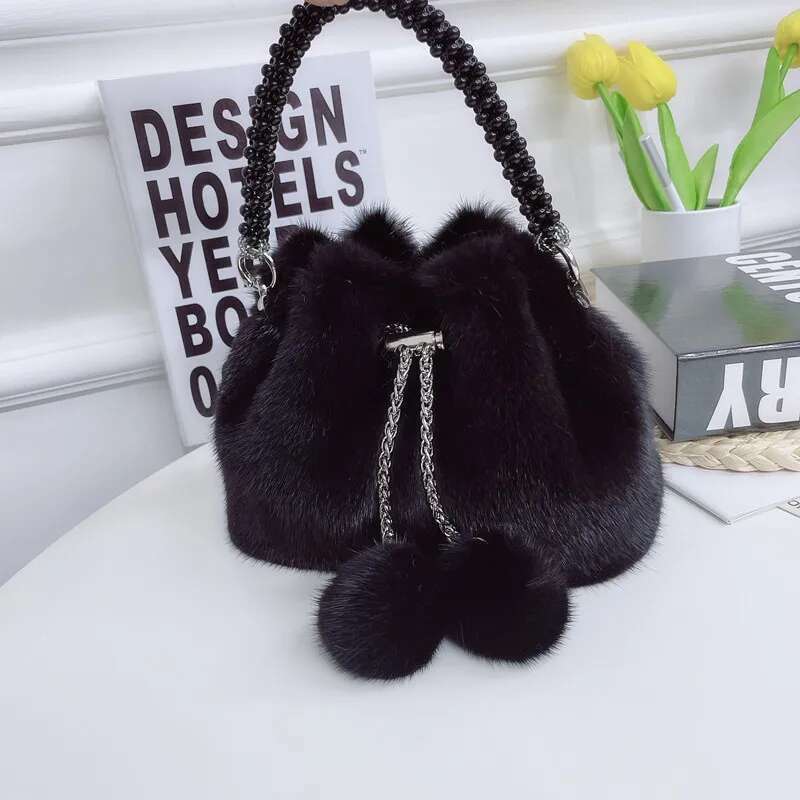 Autumn Winter Women's Handbag Mink Soft Bucket Lady Purse Evening Clutch Female Shoulder Crossbody Bag