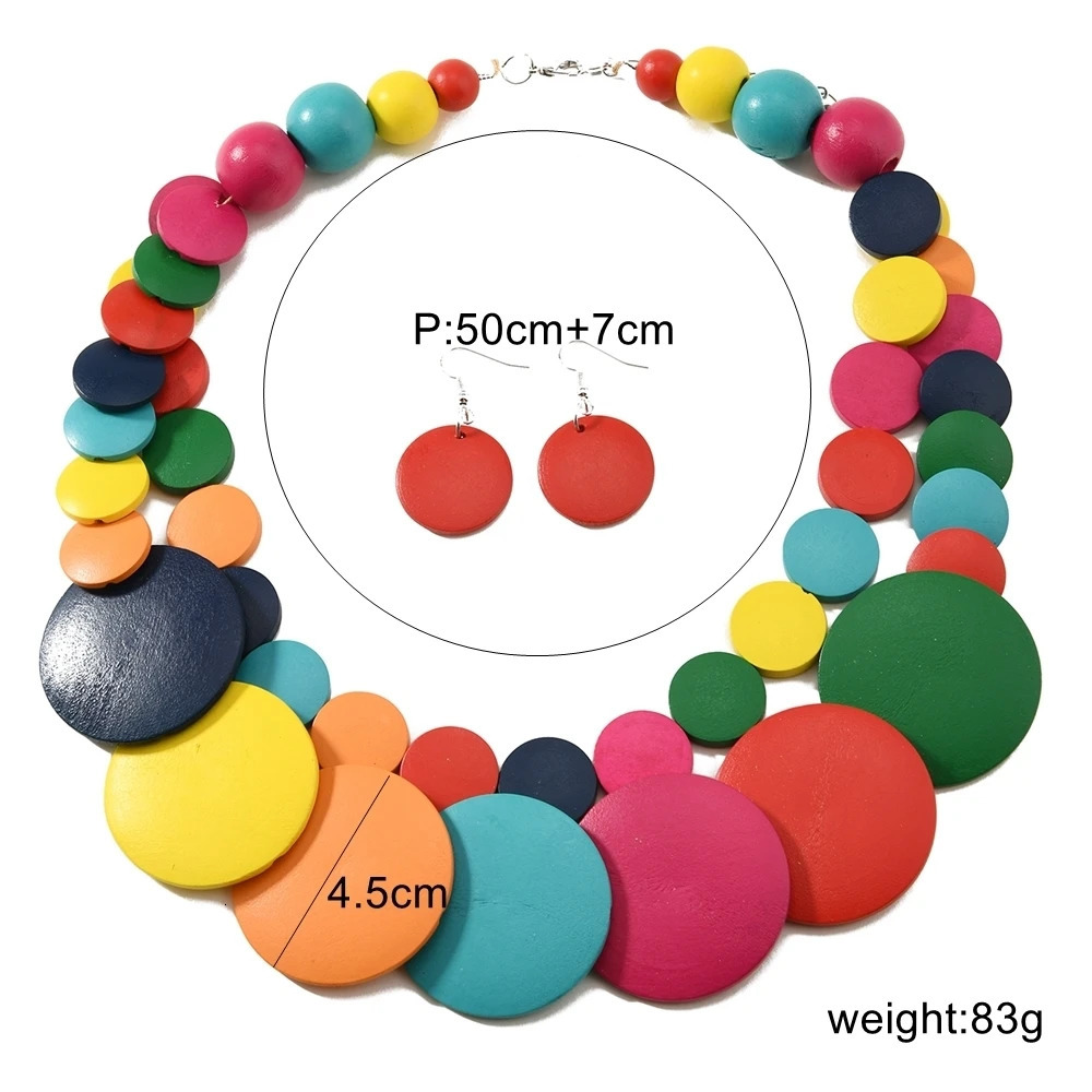 African Jewelry Bohemian Colored Geometric Round Wooden Beads Handmade Bead Necklace And Earrings Womens Party Accessories 250530