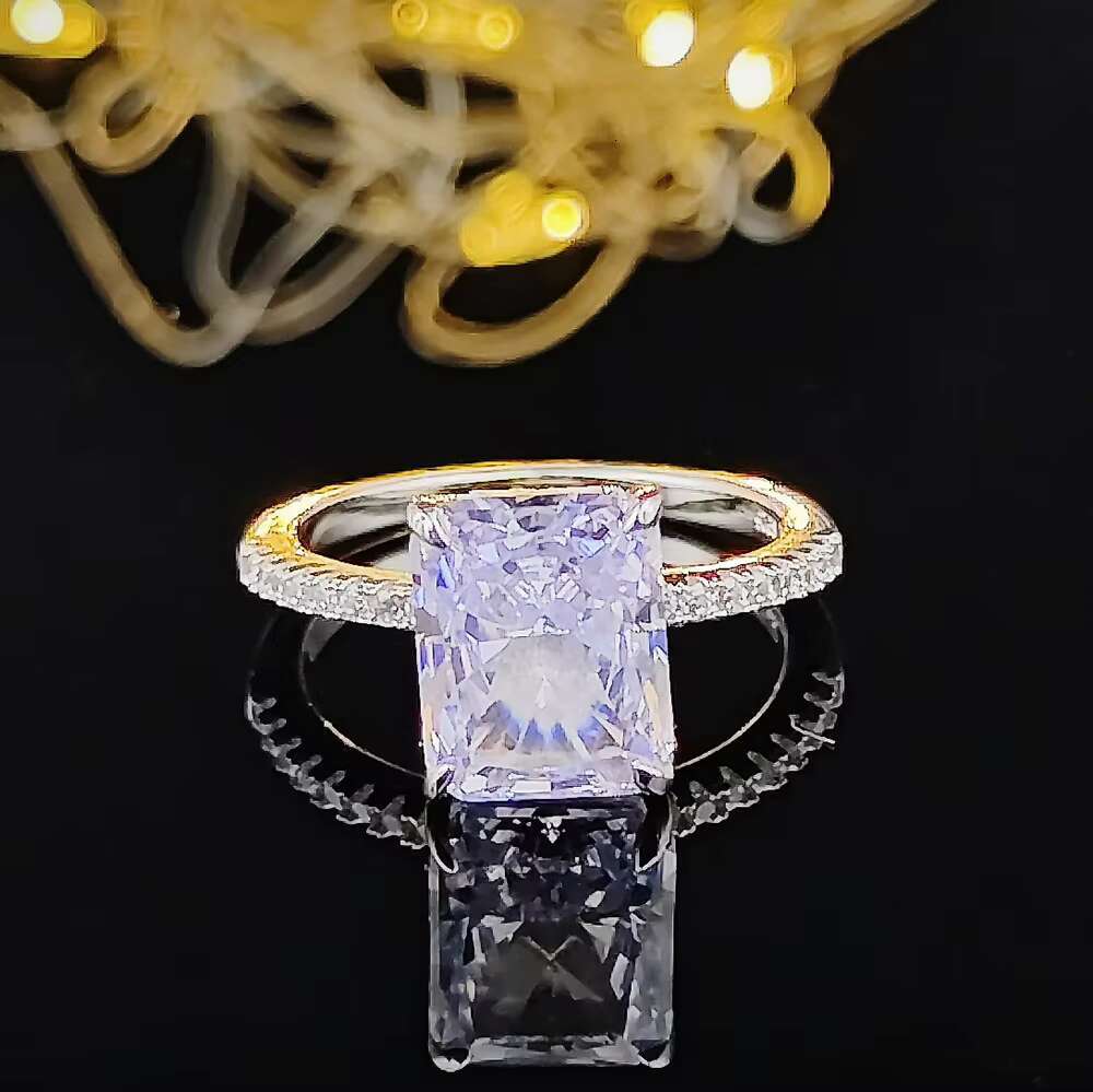 Womens 18k Gold Square Moissanite Ring Baguette-shaped 18K Diamond Set Trendy Rhodium Wedding Engagement Anniversary Party Gift