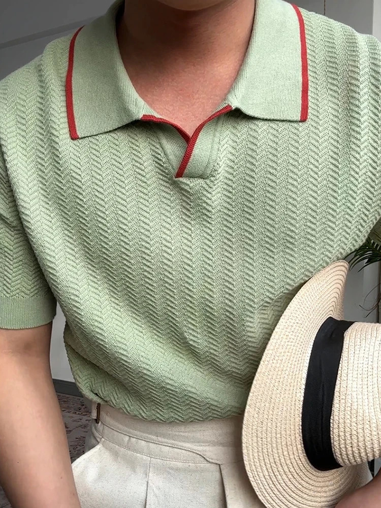 Knitting Thin Breathable Ice Silk Polo Shirt Mens Summer Trendy Striped Polo Collar Tops Men Casual Short Sleeve Slim Knit Polos 250526