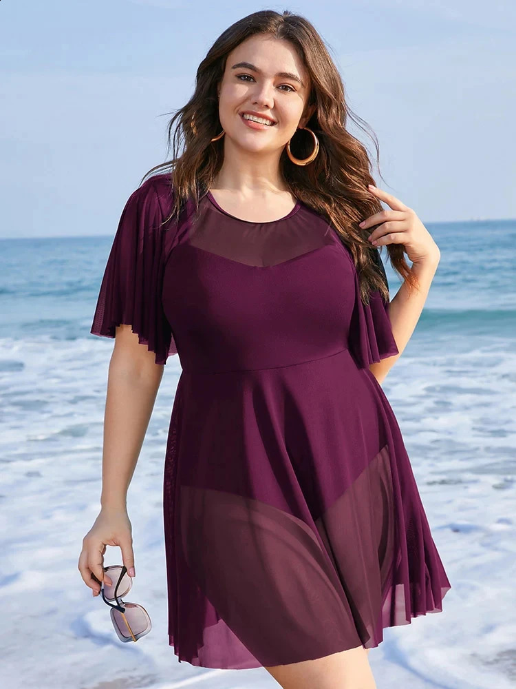 Plus Size Womens Tummy Control Swimdress Solid Mesh Patchwork Ruffle Sleeve Cover Up Swim Dress Chubby Swimsuit y250528Z