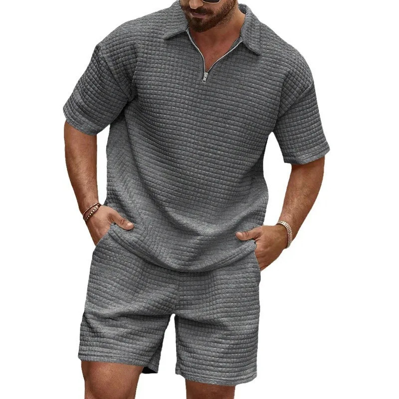 2024European and American Mens Spring Summer Trends Youth Outdoor Lapel Small Plaid Short Sleeve Shorts Sports Suit 250530