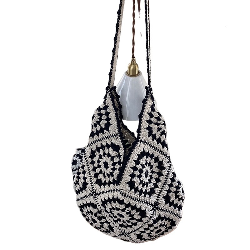 designer Handmade Cotton Yarn Crochet Hollow Sunflower Woven Bag Ethnic Style Large Capacity Tote Bag Straw Shoulder Crossbody Bag