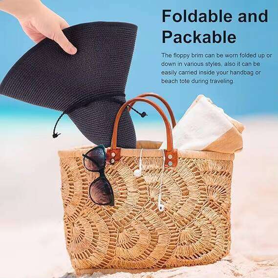 Outdoor Beach Women Big Straw Wide Brim Summer Floppy Foldable Roll up Cap UPF 50+ Sun Hat