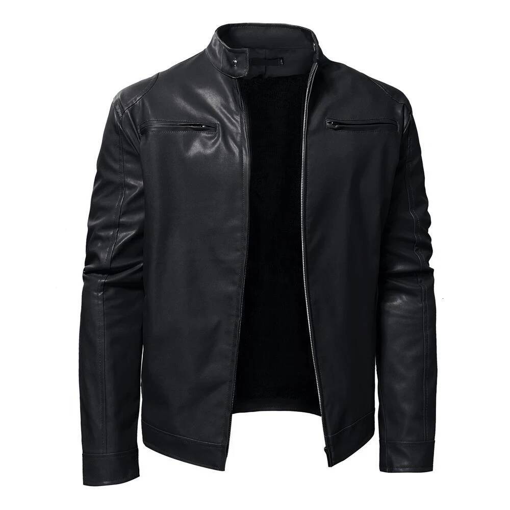 Autumn Mens Stand Collar Coat Black Leather Motorcycle Solid Color Zipper Streetwear Winter Warm Biker Jacket Men