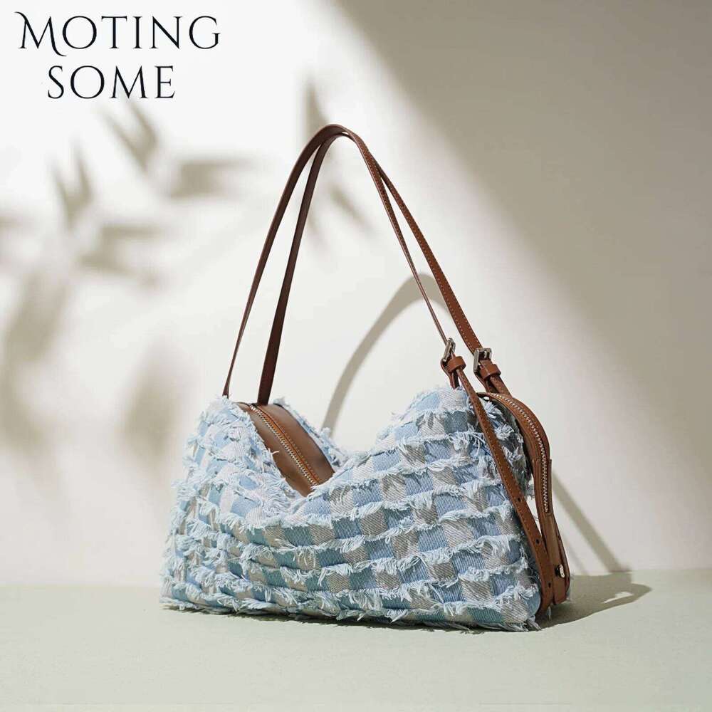 OLOEY Motingsome Retro Style Denim Fabric Plaid Pattern Shoulder Handbag and Purse Designer Tote Bags Lady Satchel 2025