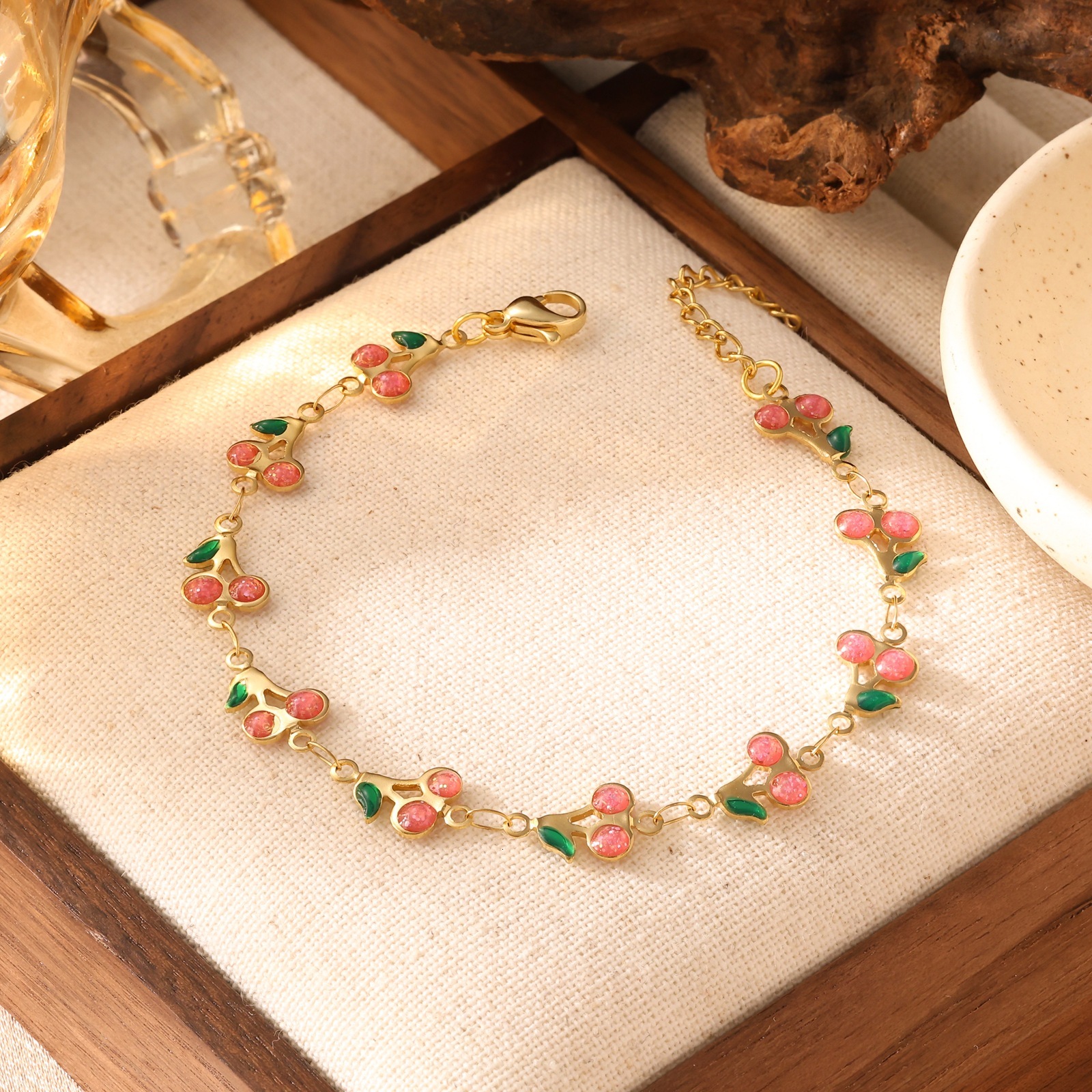 Gold Plated Enamel Cherry Bracelet Necklace Ins Stainless Steel Jewelry