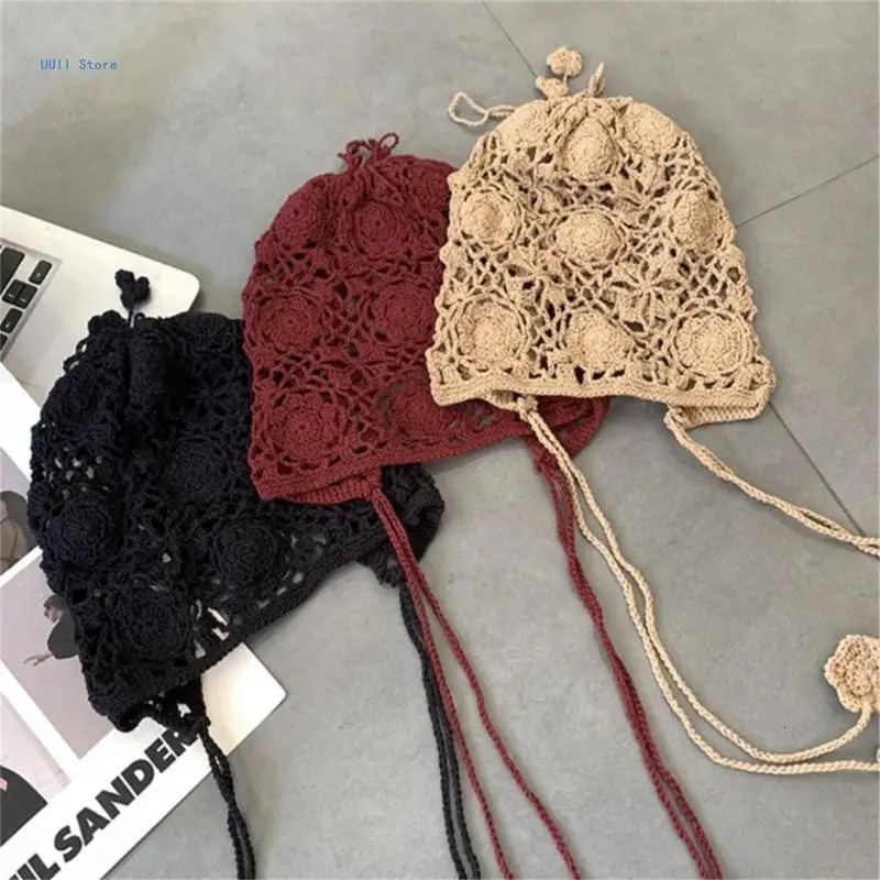 Fashion Beanie Hat for Women Girl Crochets Flower Knitted Hat Ethnic Style Cap Girl Bonnet Y2K Sweet Hat Adult Headdress 250530