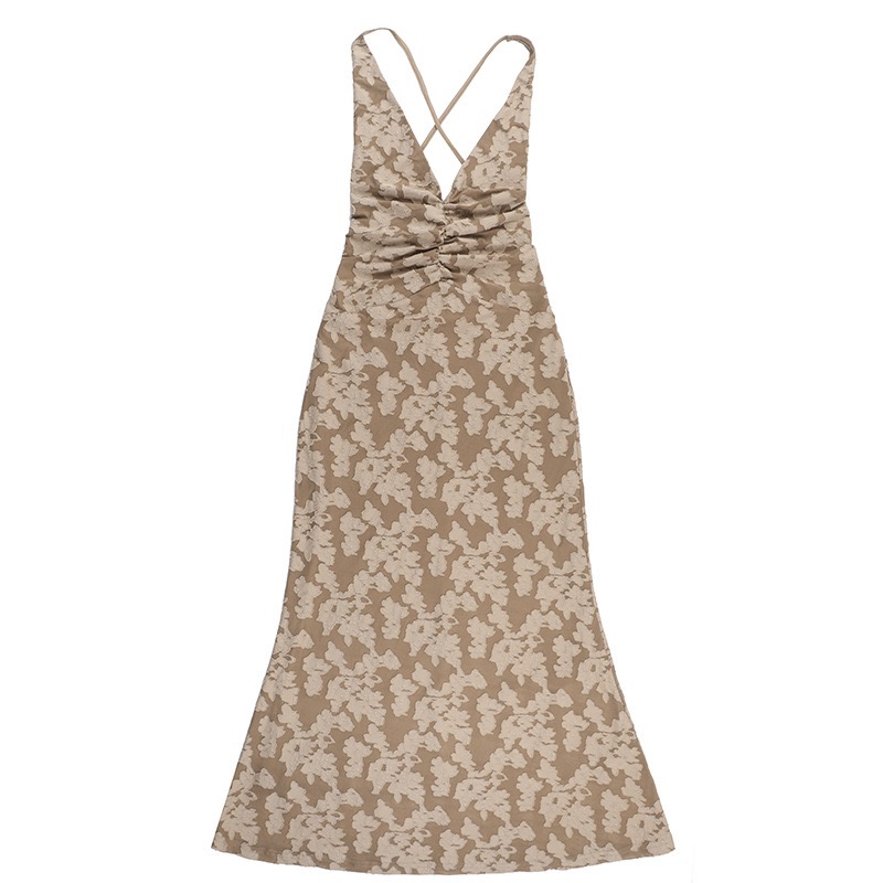 Women's summer dress, sleeveless, thin shoulder strap, mid-length dress, sexy stand-up collar floral cocktail party dress
