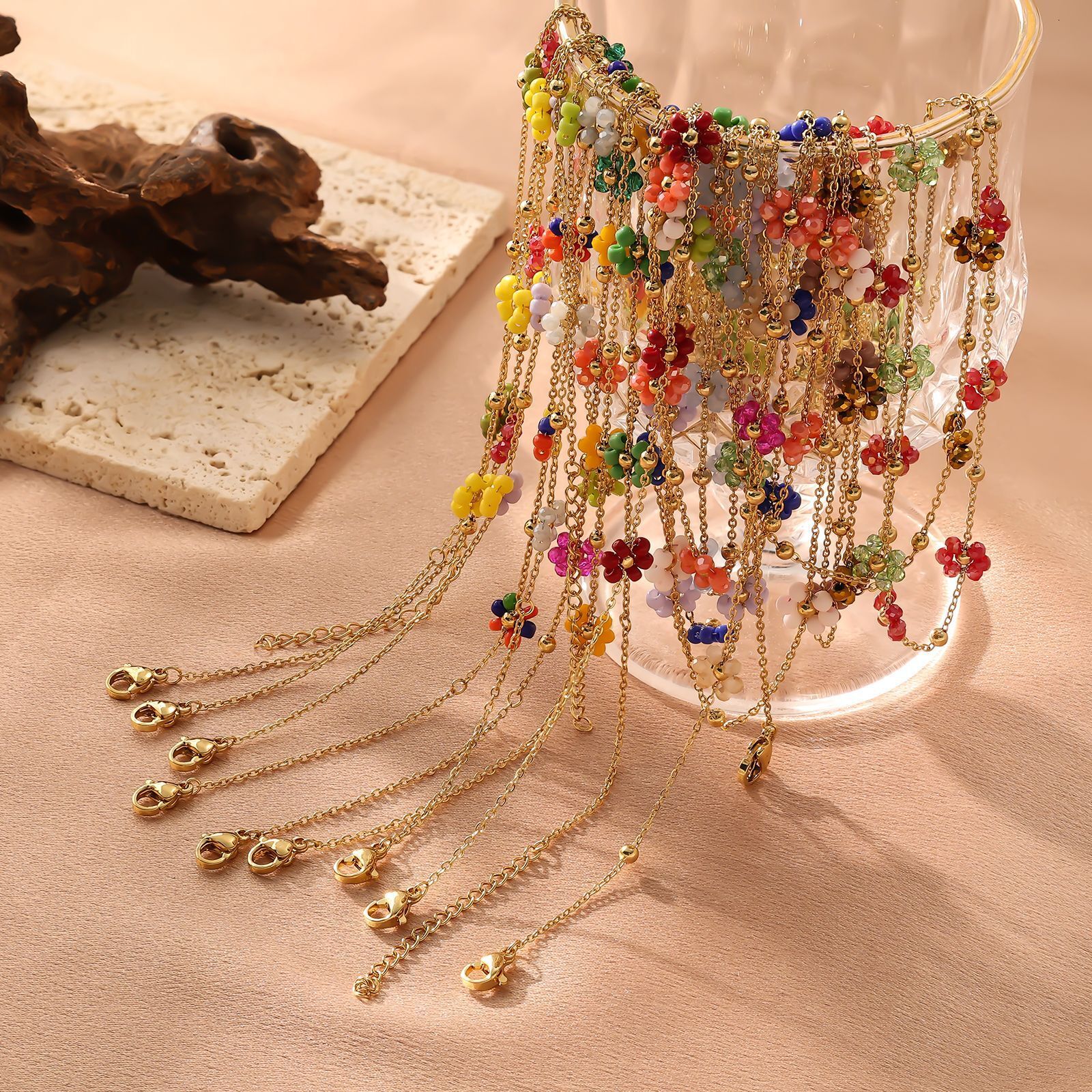 Hot Selling Summer Internet Celebrity Cute Colorful Crystal Woven Flower Titanium Steel Handmade Necklace