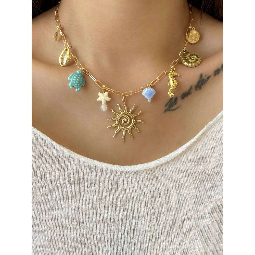 Charm Sun Ocean Animal Pendant Multi Element Necklace For Women's Daily Dating Jewelry