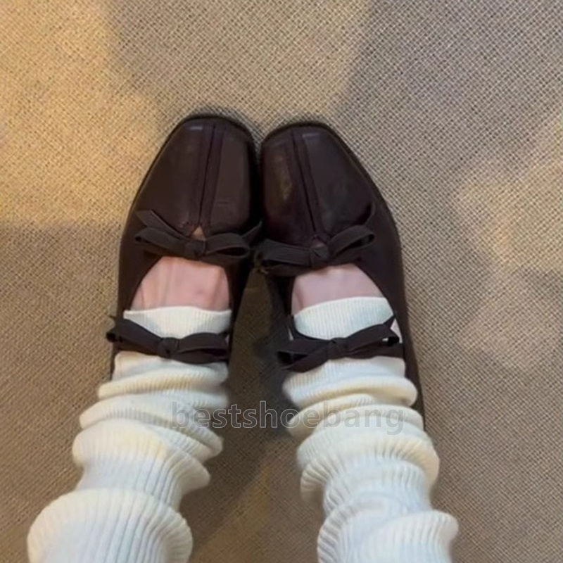 2025 Elegant Bowknot ballet flats loafers mary jane Classic Square Toes Comfort dress shoes Ladies low heels Fashion Leather Slip-On women shoes