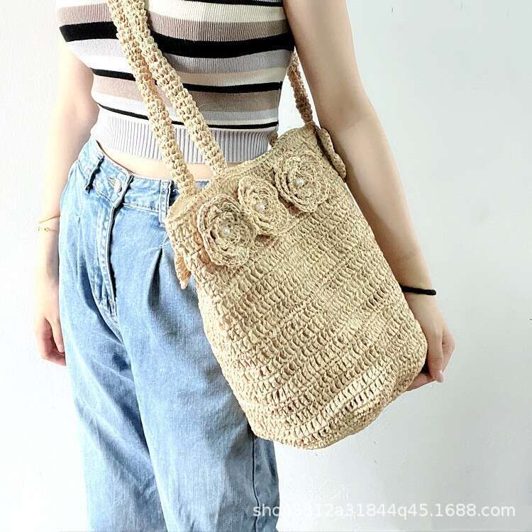 Straw Beach Tote Korean Style Sweet Outing Versatile Straw For Women Simple Fashion Flower Pearl Decoration Handmade Raffia Bag Crossbody Bag